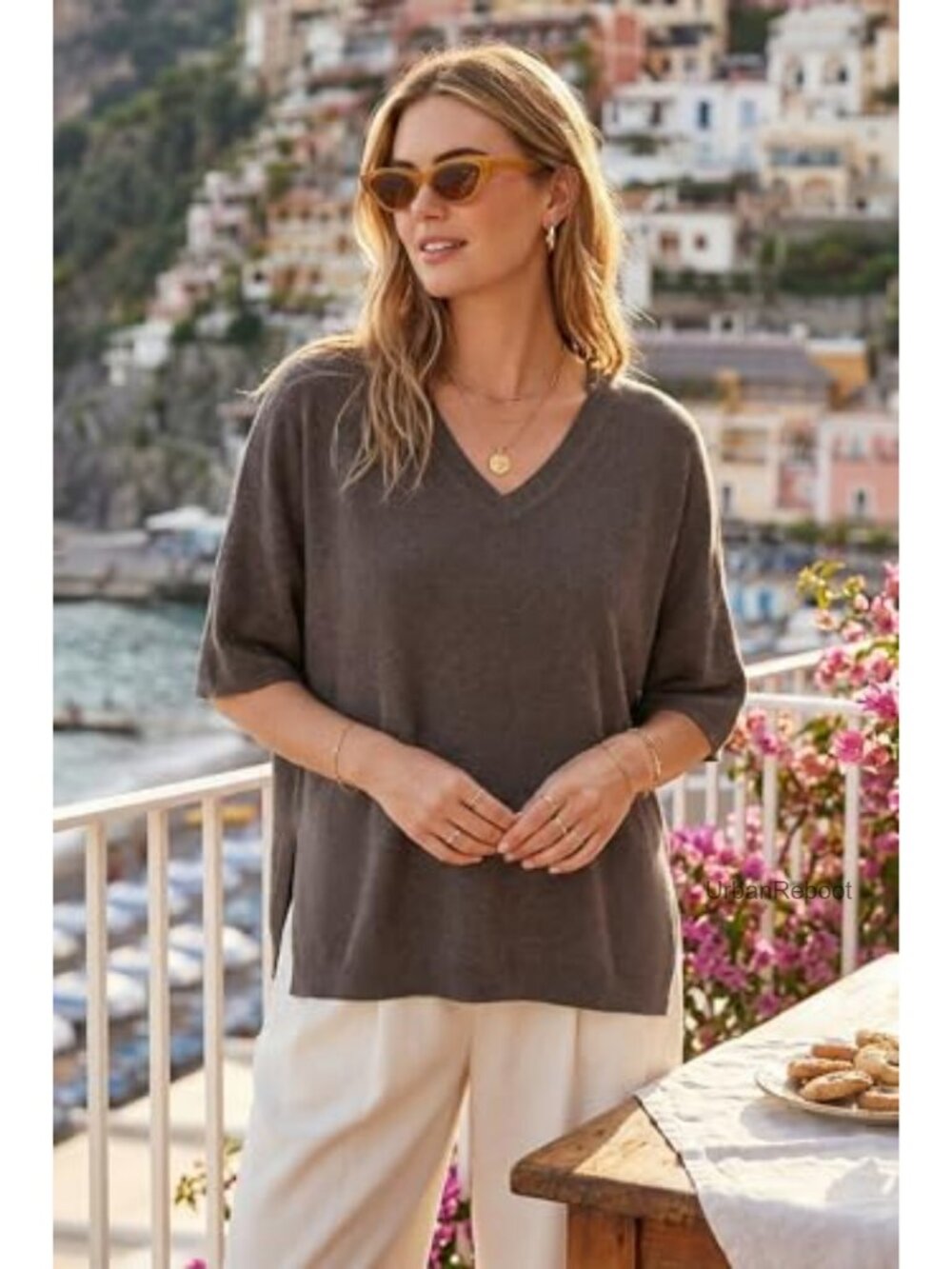 Wool Blend Oversized V-Neck Elbow Sleeve Pullover Sweater - Picture 4 of 5